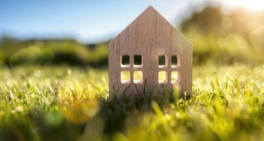 Maquette maison en bois dans l'herbe